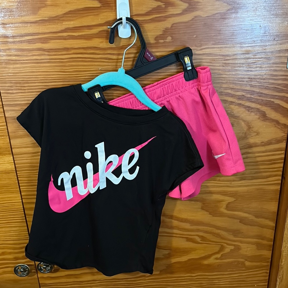 Nike Black and Pink Tee and Shorts Set